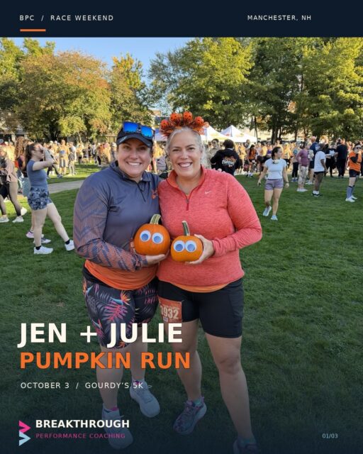 A fall 5K, two BPC athletes, and pumpkins with googly eyes. 🎃

Jen Hanson and Julie Jenkins took on Gourdy’s Pumpkin Run in Manchester, NH, on October 3.

Jen — 43:49
Julie — 46:59

Love seeing you two out there together. Nice work, Jen and Julie! 🧡

#BreakthroughPerformanceCoaching #BPCathletes #GourdysPumpkinRun #5K #runnewhampshire