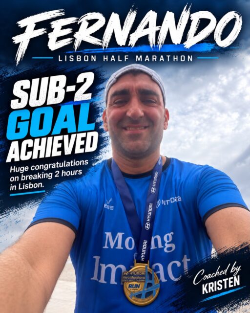 🇵🇹 SUB-2 IN LISBON! 💥

Fernando headed into Sunday’s Lisbon Half Marathon with one goal: break two hours.

Mission accomplished. 👊

There’s something special about setting a target, committing to the work, and seeing it come together on race day.

A well-earned finish line, a medal around his neck, and another goal checked off the list.

Huge congratulations, Fernando! Enjoy this one. You’ve earned it! 💙

🏃 Lisbon Half Marathon
🎯 Goal: Sub-2 hours ✅
👏 Coached by Kristen Lamb

#BreakthroughPerformanceCoaching #LisbonHalfMarathon #HalfMarathon #RunCoaching #TeamBPC