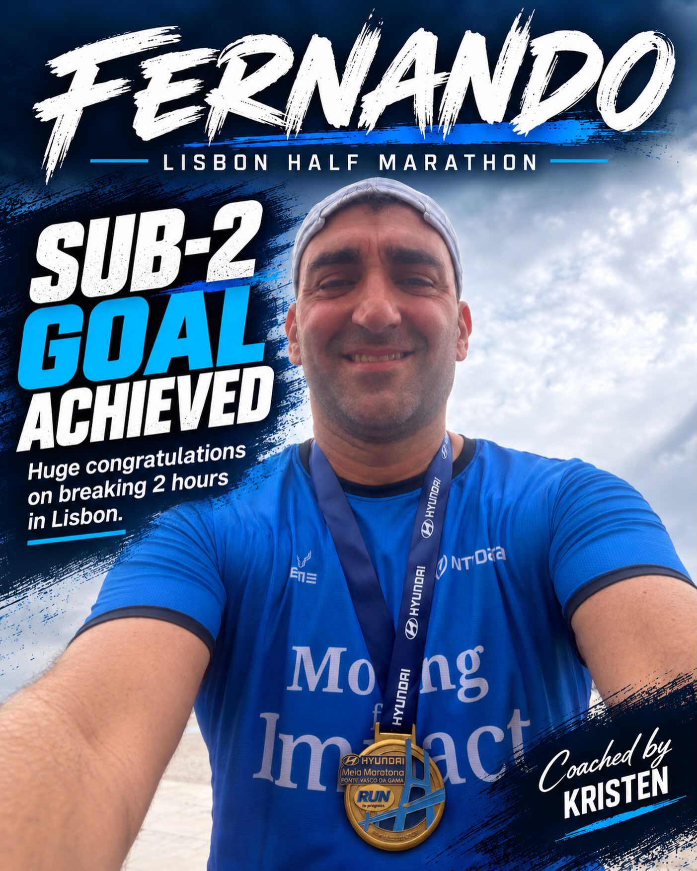 🇵🇹 SUB-2 IN LISBON! 💥

Fernando headed into Sunday’s Lisbon Half Marathon with one goal: break two hours.

Mission accomplished. 👊

There’s something special about setting a target, committing to the work, and seeing it come together on race day.

A well-earned finish line, a medal around his neck, and another goal checked off the list.

Huge congratulations, Fernando! Enjoy this one. You’ve earned it! 💙

🏃 Lisbon Half Marathon
🎯 Goal: Sub-2 hours ✅
👏 Coached by Kristen Lamb

#BreakthroughPerformanceCoaching #LisbonHalfMarathon #HalfMarathon #RunCoaching #TeamBPC