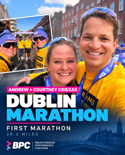 From the starting line to 26.2 miles of Dublin! 🇮🇪☘️🏅
A huge congratulations to BPC athletes Andrew and Courtney Criezas on completing their FIRST marathons at the Dublin Marathon!
Two first-time marathoners, one incredible shared accomplishment.
Months of training, early mornings, long runs, and plenty of determination—all leading to one unforgettable finish line.
Welcome to the marathon club, Andrew and Courtney! You’ve earned every mile. 💙🩷
#BreakthroughPerformanceCoaching #BPCathletes #DublinMarathon #FirstMarathon #MarathonFinishers