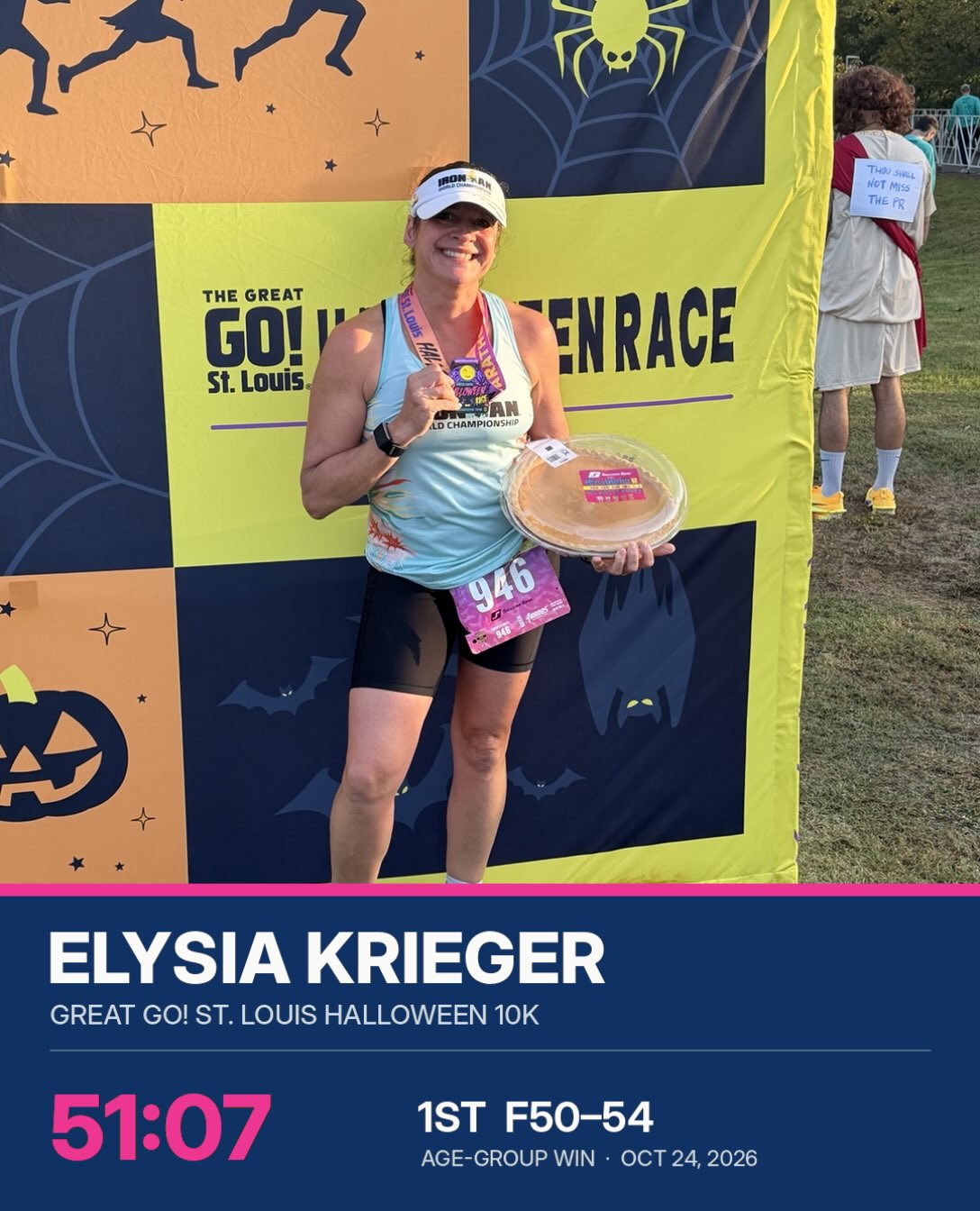 An age-group win AND a pie? Now that’s a pretty sweet race day! 🥇🥧🎃
BPC athlete Elysia Krieger brought home the win at the Great GO! St. Louis Halloween 10K!
🏃♀️ 51:07 chip time
🥇 1st of 16 in F50–54
🔥 26th of 221 women
⚡ 8:15/mile pace
A strong performance, a Halloween-themed race, and a pie to take home. What’s not to love?
Congratulations, Elysia! Enjoy every bite of that well-earned victory! 💙🩷
#BreakthroughPerformanceCoaching #BPCathlete #AgeGroupWinner #10K #runstrongrun