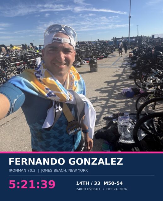 The wait is over. The finish line is earned! 💙🩷
After a postponement, BPC athlete Fernando Gonzalez finally got his chance to race IRONMAN 70.3 New York at Jones Beach today!
And he made it count! 💪
🏊♂️ 1.2-mile swim
🚴♂️ 56-mile bike
🏃♂️ 13.1-mile run
🏁 5:21:39 finish time
🔥 14th of 33 in M50–54
👏 240th of 893 overall
Race dates can change. The preparation, commitment, and determination don’t.
Congratulations, Fernando! Way to stay focused, adapt, and get the job done!
#BreakthroughPerformanceCoaching #BPCathlete #IRONMAN703 #JonesBeach703 #triathlon